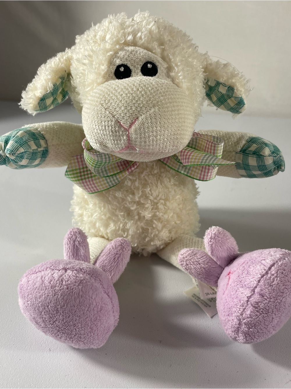 Pier 1 Cream Plush Lamb with Pink/Pastel Plaid Accents